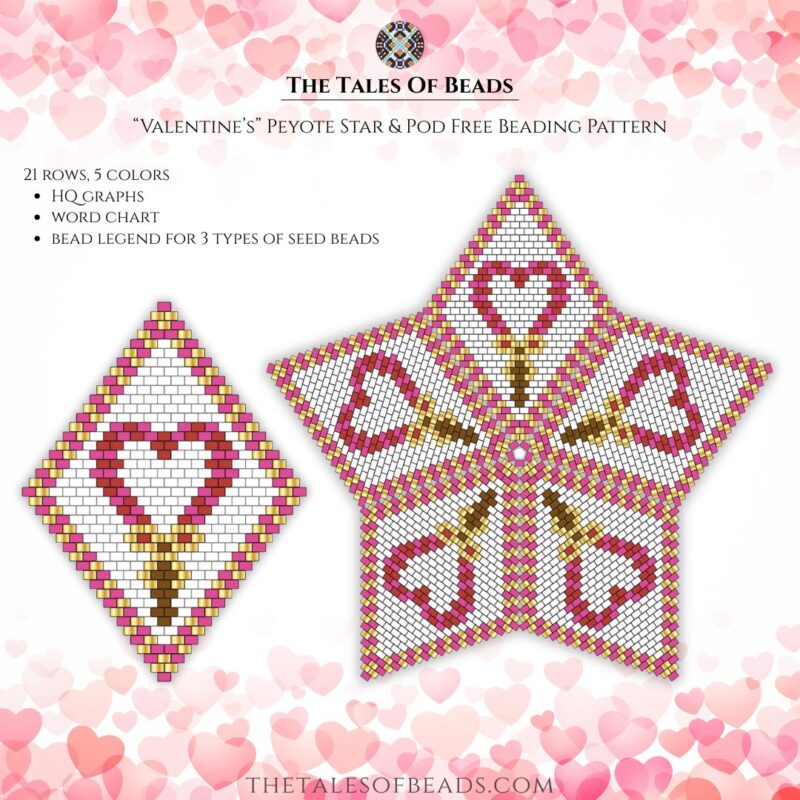 A set of beading patterns for a peyote star and a pod with a Valentines' Day motif.