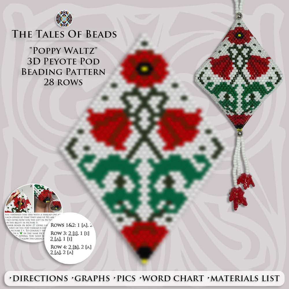 A white, red and green peyote pod beading pattern contents preview