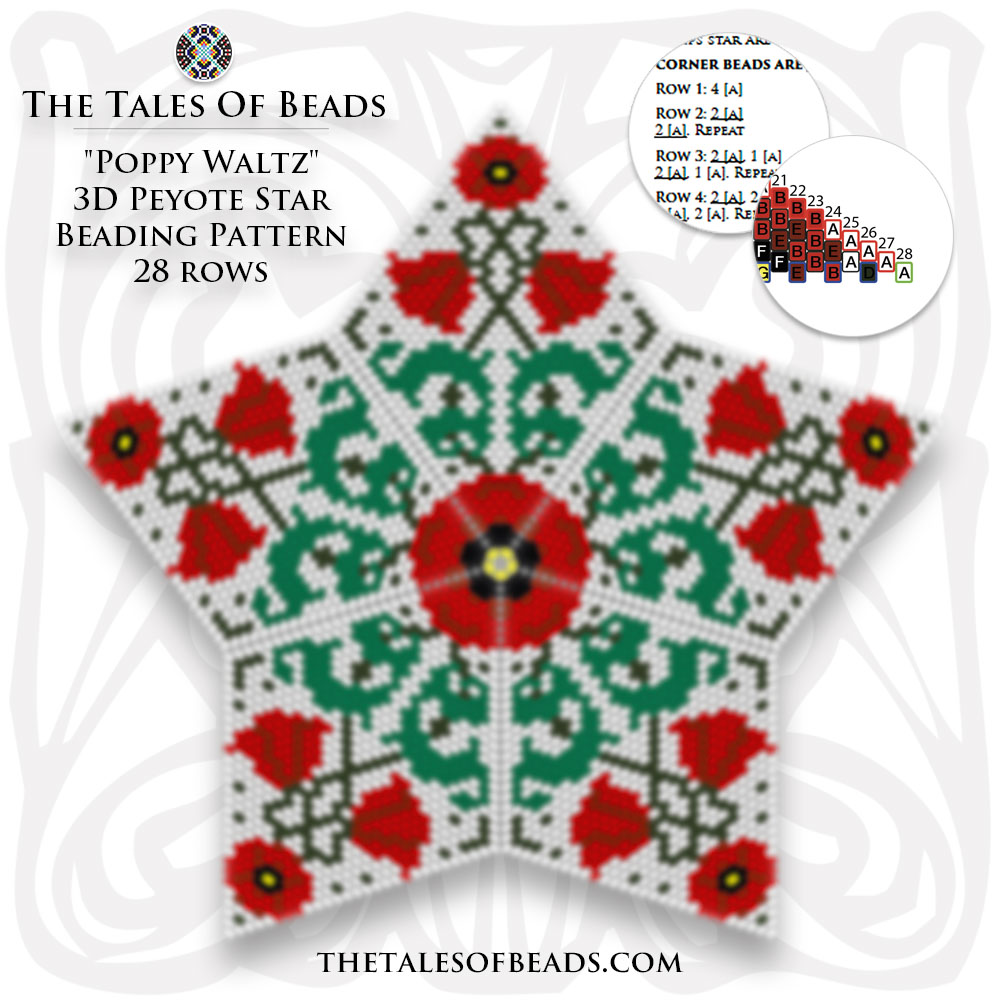 A collage showing a beading graph for a peyote star with red poppies and pattern extracts