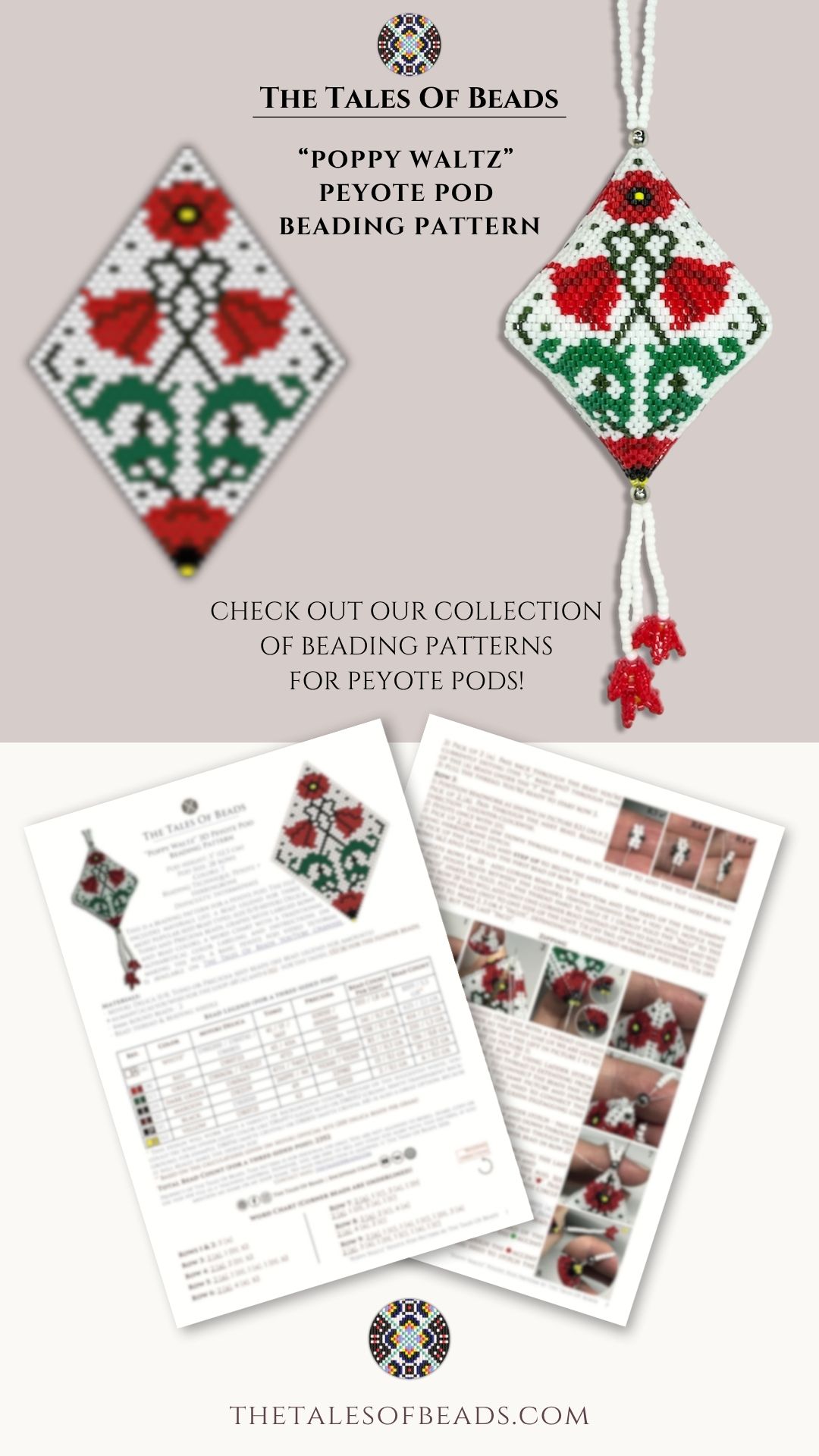 A collage showing a beaded pod ornament with a classic poppy motif and its pattern info