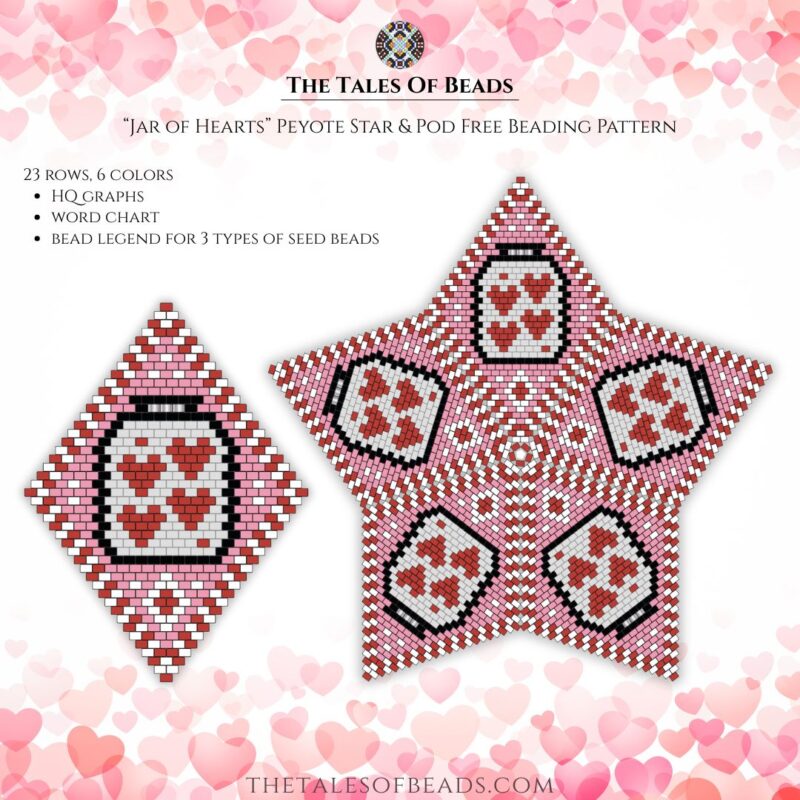 A set of beading patterns for a peyote star and a pod with a Valentines' Day motif.