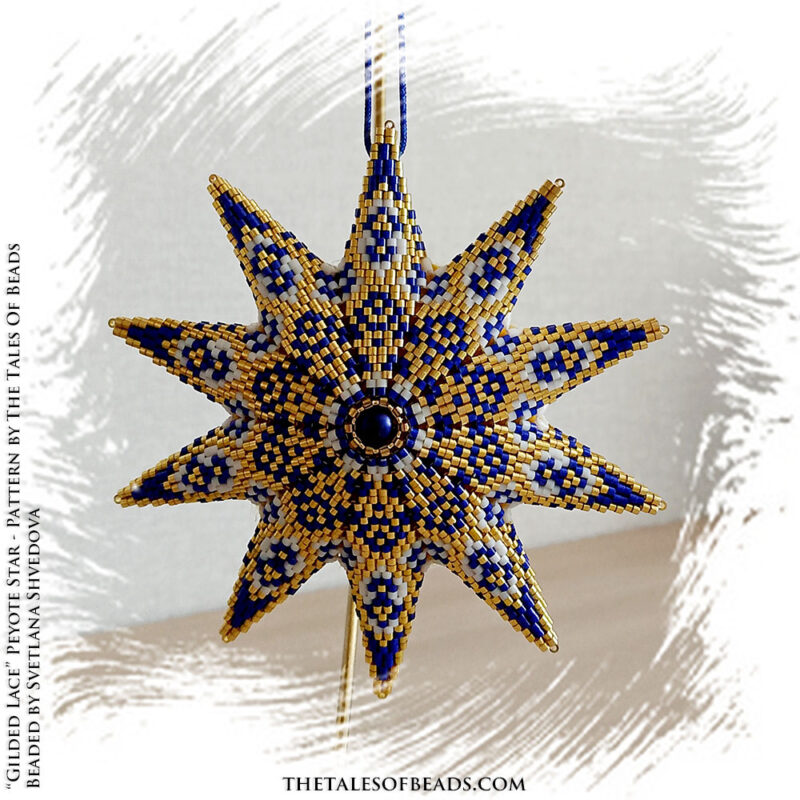 2-Drop Peyote Star with a lacy motif in shades of blue, white and gold