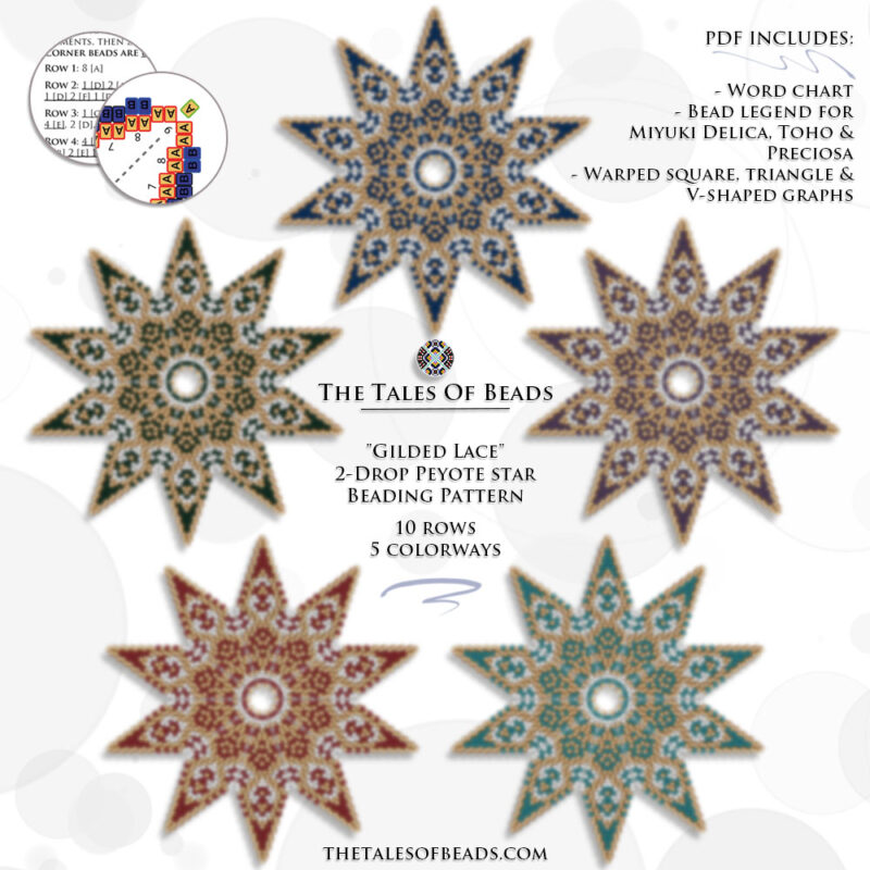 Five beautiful ten point peyote stars of one design but in different colorways pictured together